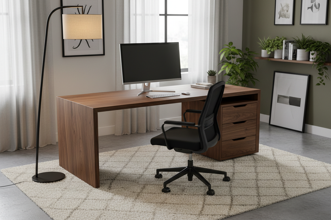 woring desk with drawer with working chair and floor lamp carpet